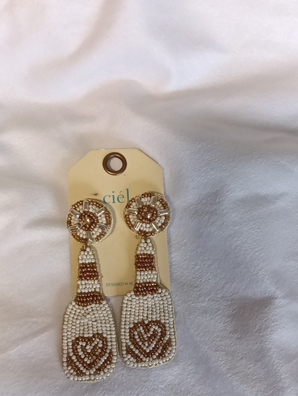 Beaded Gold & White Heart Drop Earrings